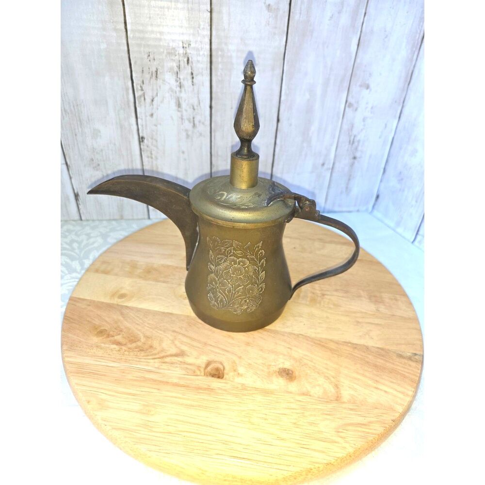 Vintage ornate carved brass Dallah teapot  MCM made in india